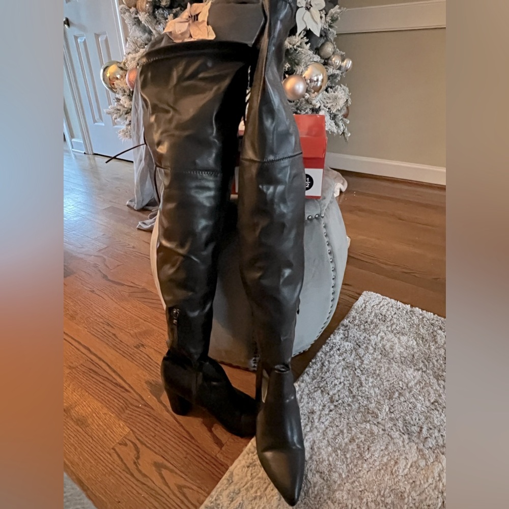 Rouge— Black Faux Leather Over the Knee Boots